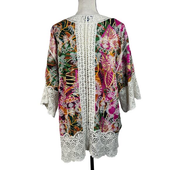 Democracy 1X-Large Kimono Cardigan Open-Front Crochet Embroidered 3/4 Sleeves - Picture 5 of 9